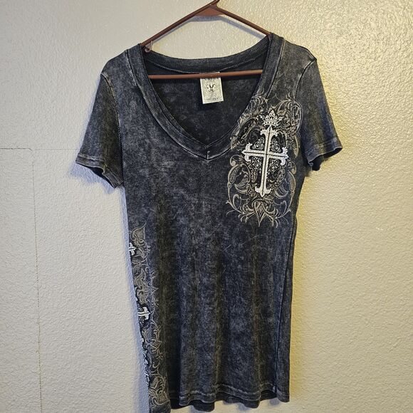 Vocal Tops - Vocal Women’s Rhinestone Cross Graphic V-Neck T-Shirt Black Biker Edgy DD721